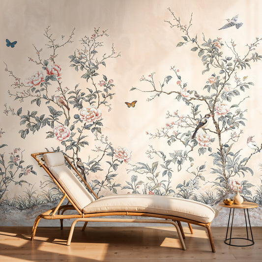 Elegant Chinoiserie Bird and Blossom Mural – Soft Pastel Botanical Wallpaper - WMH427