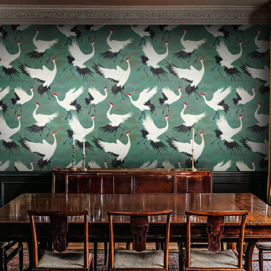 Flying Cranes Green Wallpaper – Japanese Inspired Bird Pattern Wall Art - WMH455
