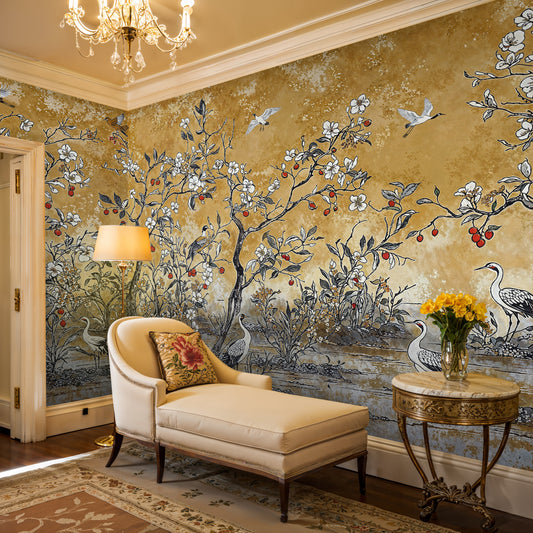 Gold Chinoiserie Bird and Blossom Wallpaper – Elegant Artistic Nature Design - WMH425