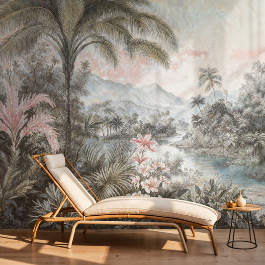 Tropical Jungle Oasis Mural – Soft Pastel Landscape Wallpaper for Living Room - WMH431