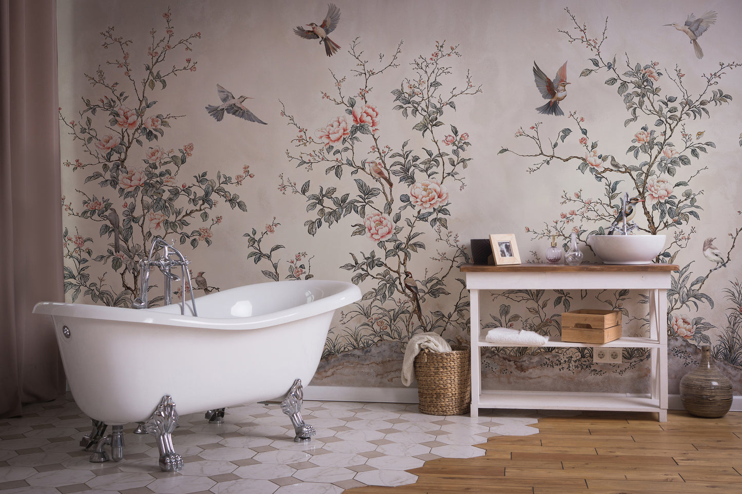 Elegant Chinoiserie Blossom Wallpaper – Birds and Peonies on Soft Background - WMH442