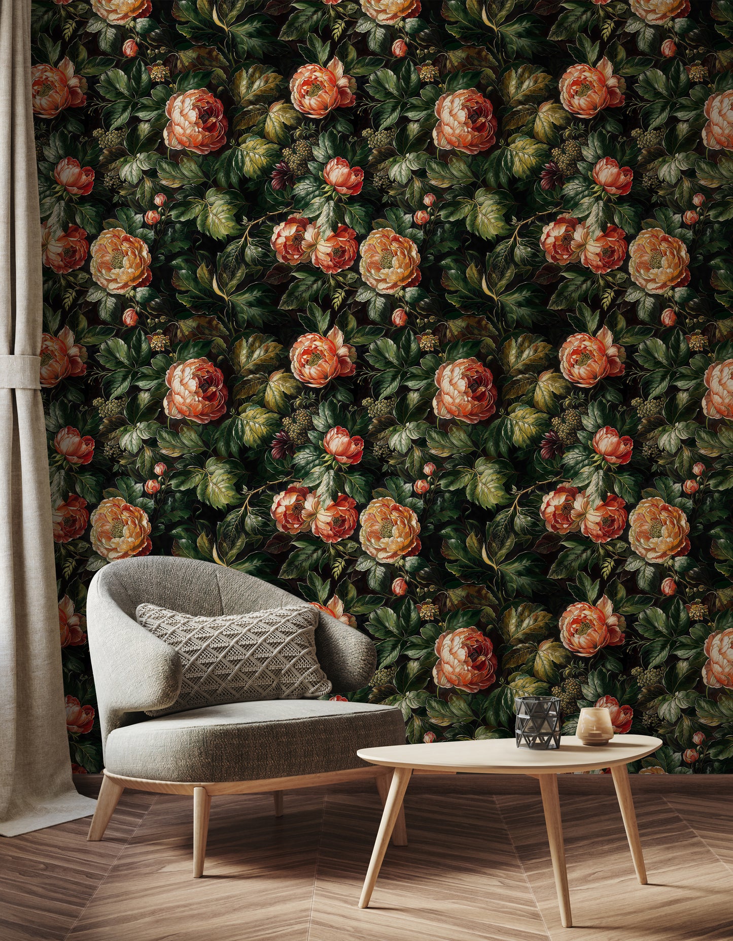 Dark Moody Floral Wallpaper - Vintage Dramatic Roses Mural - WMH461