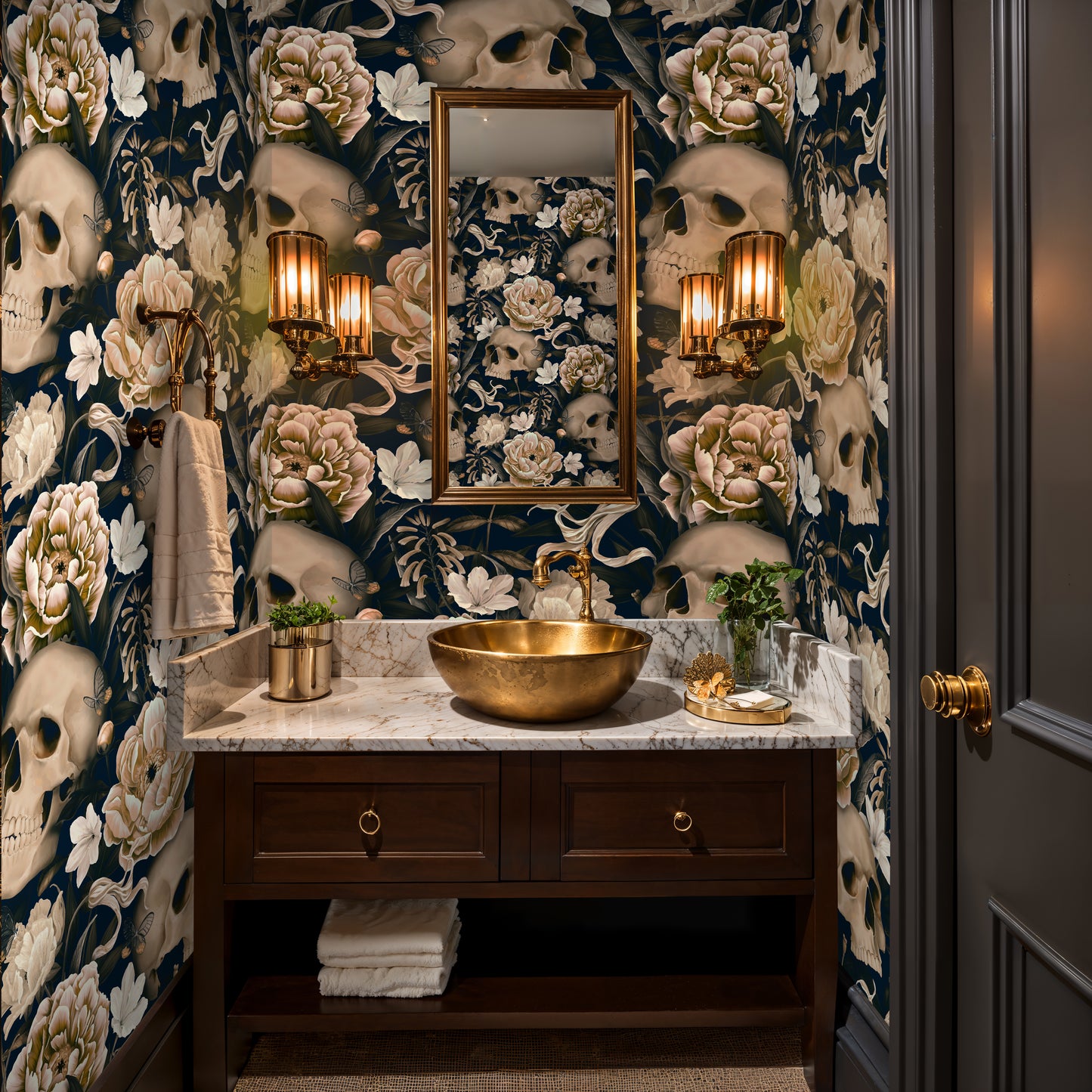 Dark Floral Skull Wallpaper – Gothic Botanical Statement Wall Art - WMH429