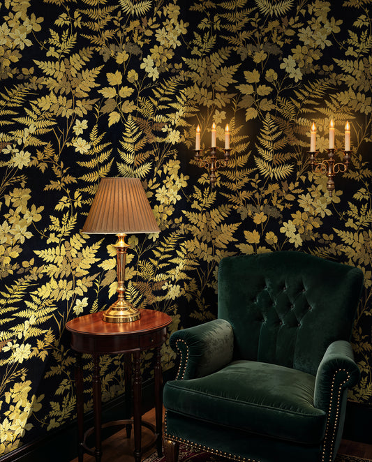Golden Fern Botanical Wallpaper – Luxurious Black and Gold Leaf Design - WMH439