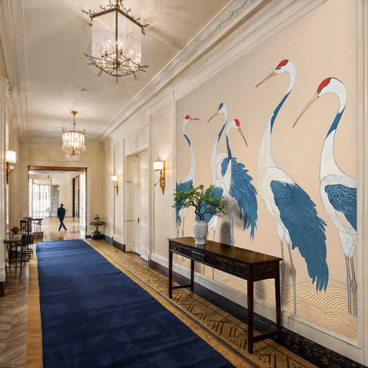 Oriental Crane Wall Mural – Elegant Bird Illustration for Grand Hallways - WMH421