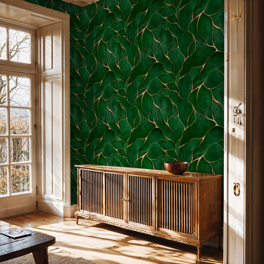 Emerald Leaf Wallpaper – Deep Green Botanical Wall Design (Not Metallic) - WMH444