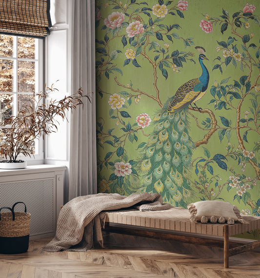 Green Chinoiserie Peacock Wallpaper – Vintage Botanical Mural with Exotic Birds - WMH433