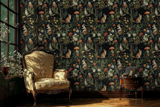 Whimsical Woodland Creatures Wallpaper – Dark Fairy Tale Forest with Animals - WMH451