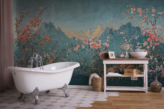 Elegant Chinoiserie Floral Mountain Landscape Wall Mural, Asian Inspired Wallpaper - WMH469