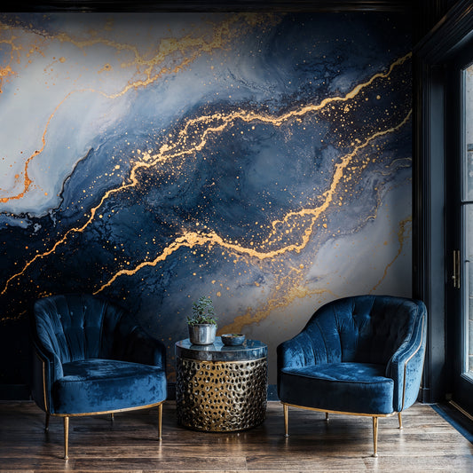 Deep Space Marble Mural – Abstract Galaxy Inspired Wall Art with Gold Veins - WMH456