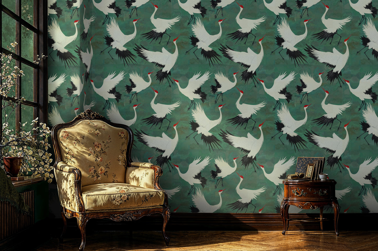 Flying Cranes Green Wallpaper – Japanese Inspired Bird Pattern Wall Art - WMH455