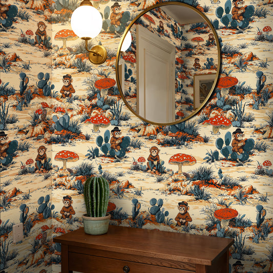 Whimsical Monkey Jungle Wallpaper – Fun Kids Room Mural with Mushrooms and Cacti - WMH426