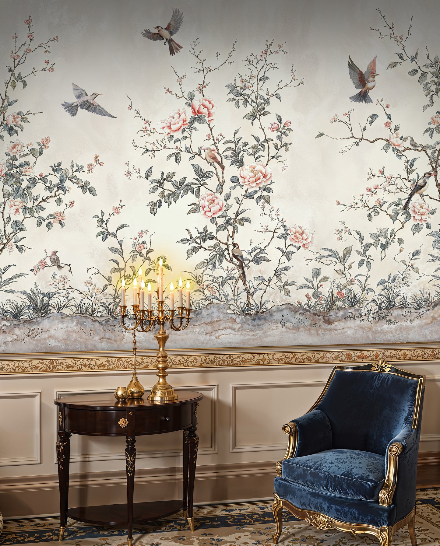 Elegant Chinoiserie Blossom Wallpaper – Birds and Peonies on Soft Background - WMH442