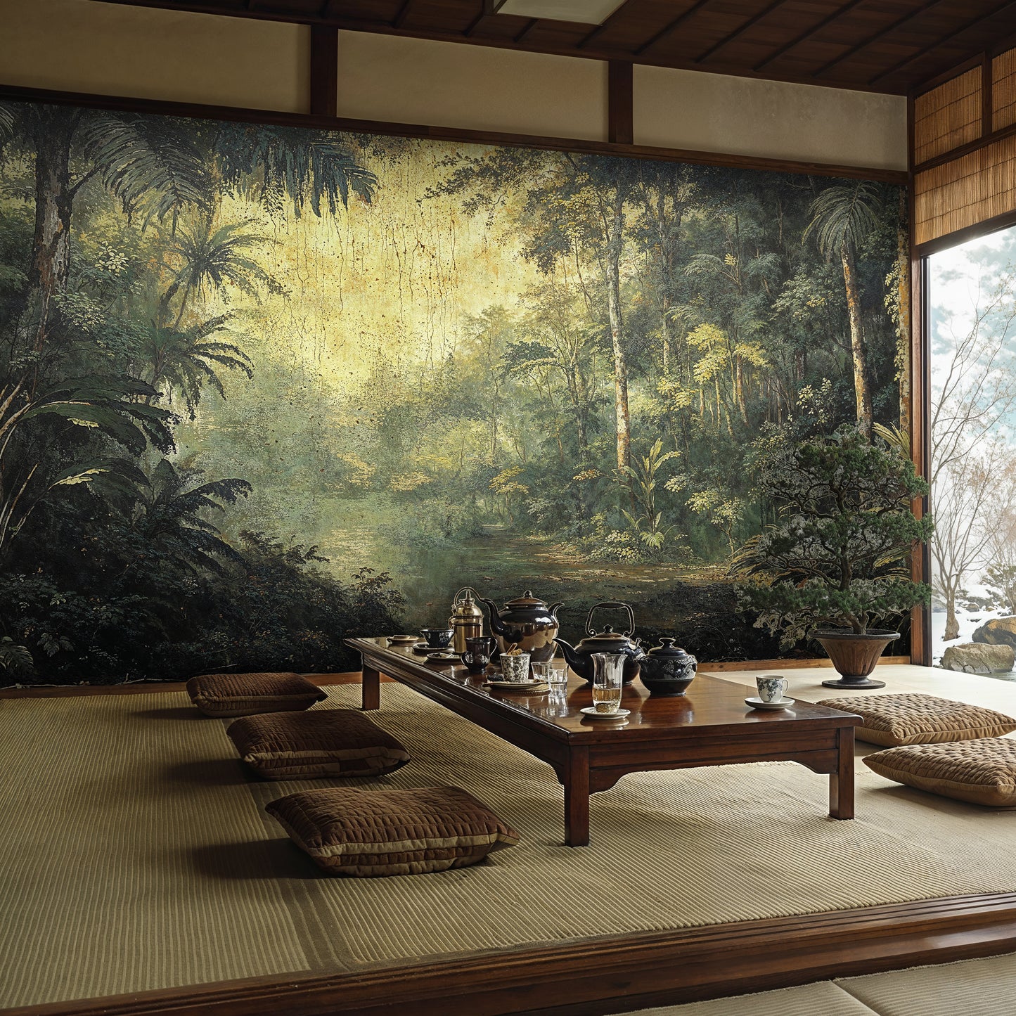 Vintage Jungle Landscape Wallpaper - Antique Green Forest Scene - WMH459