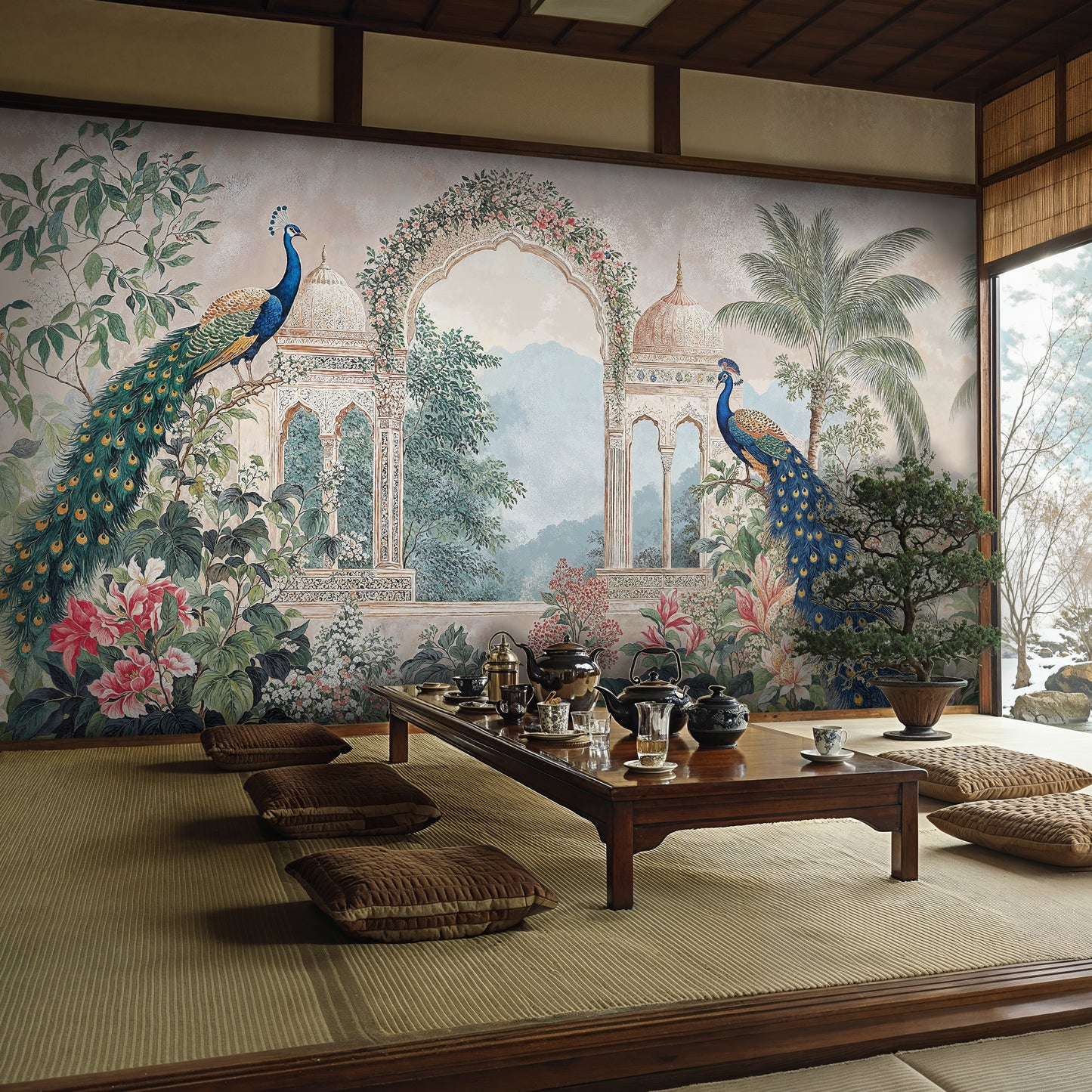 Exotic Peacock Paradise Wallpaper - Vintage Indian Arch Scene - WMH463