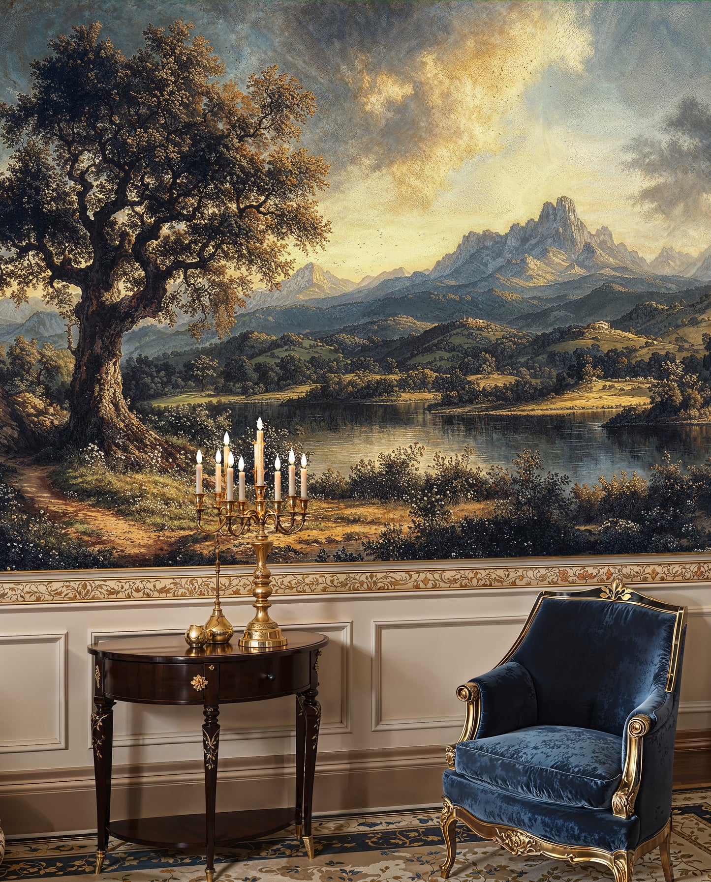 Vintage Landscape Wall Mural – Dramatic Mountain and Tree Scenery - WMH418