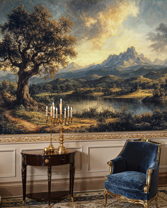 Vintage Landscape Wall Mural – Dramatic Mountain and Tree Scenery - WMH418