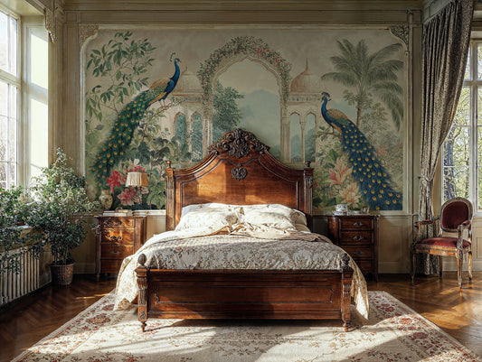 Exotic Peacock Paradise Wallpaper - Vintage Indian Arch Scene - WMH463