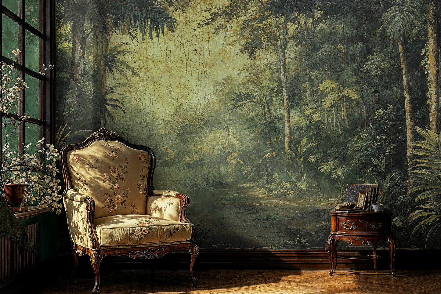 Vintage Jungle Landscape Wallpaper - Antique Green Forest Scene - WMH459