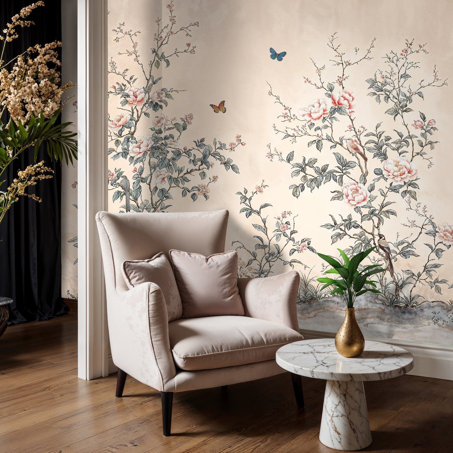 Elegant Chinoiserie Bird and Blossom Mural – Soft Pastel Botanical Wallpaper - WMH427