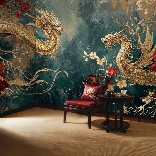 Luxurious Golden Dragons and Red Floral Art Wall Mural, Asian Inspired Dining Room Decor - WMH471