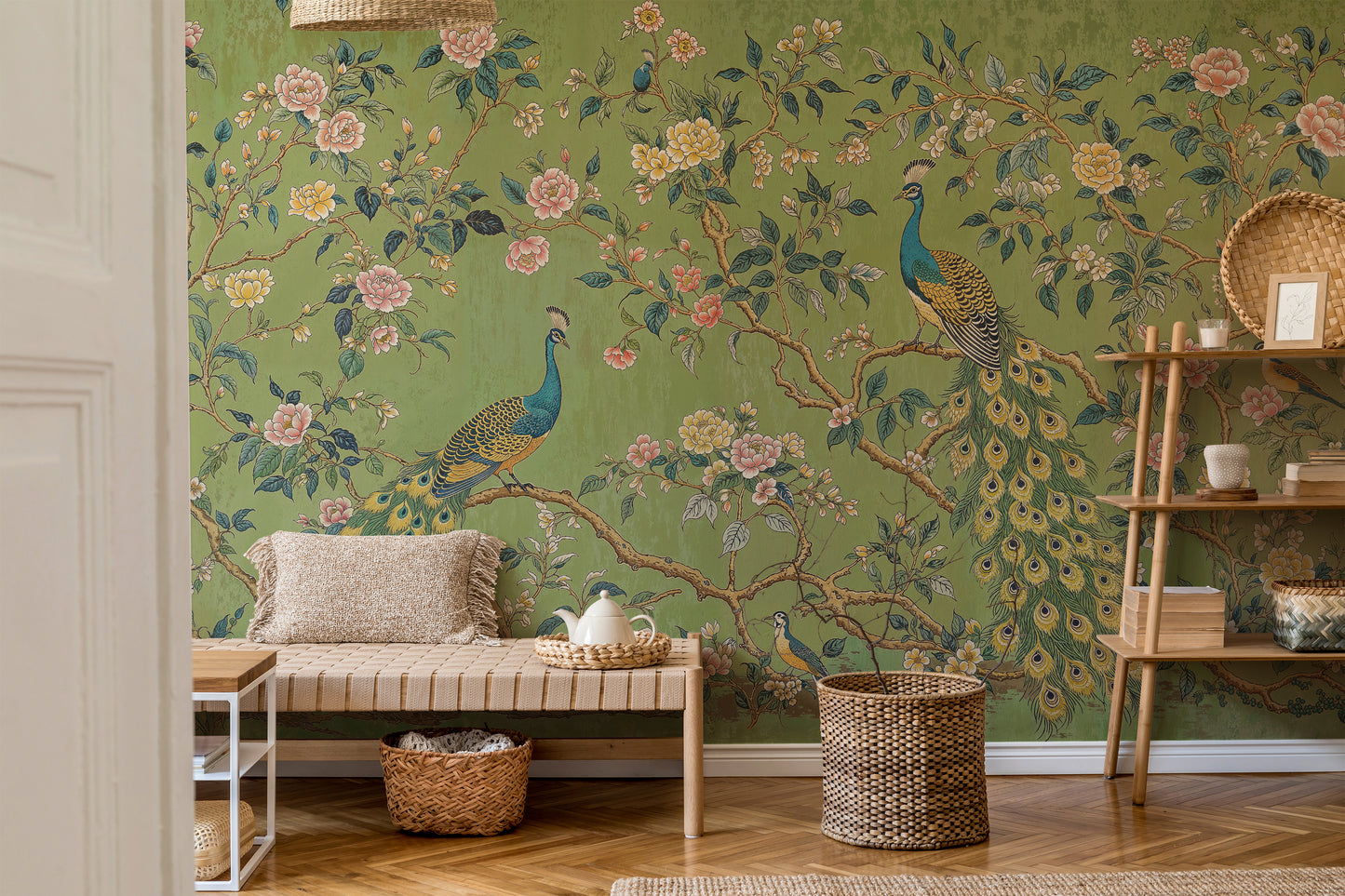 Green Chinoiserie Peacock Wallpaper – Vintage Botanical Mural with Exotic Birds - WMH433