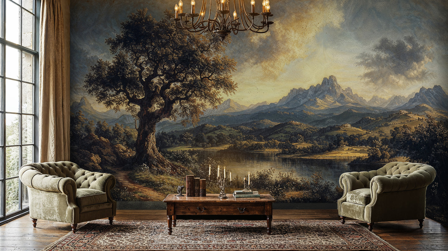 Vintage Landscape Wall Mural – Dramatic Mountain and Tree Scenery - WMH418