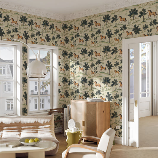 Whimsical Horses Wallpaper - Vintage Style Nursery and Kids Room Decor - WMH457