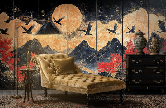 Oriental Cranes and Moon Night Sky Wall Mural, Japanese Inspired Scenic Wallpaper - WMH470