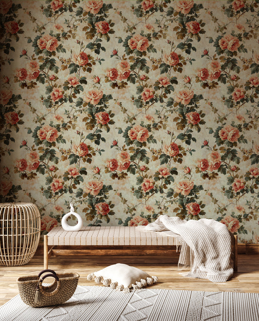 Vintage Rose Garden Wallpaper – Romantic Floral Pattern with Antique Texture - WMH445