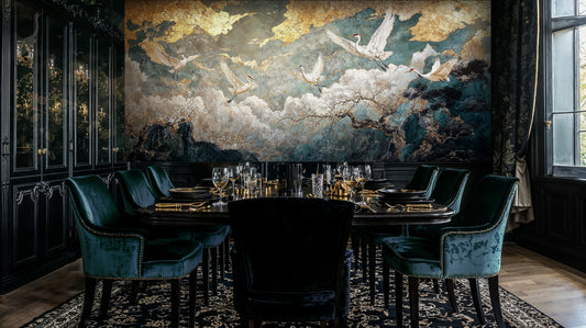 Elegant Crane and Cloud Wallpaper – Luxurious Oriental Mural with Gold Details - WMH449