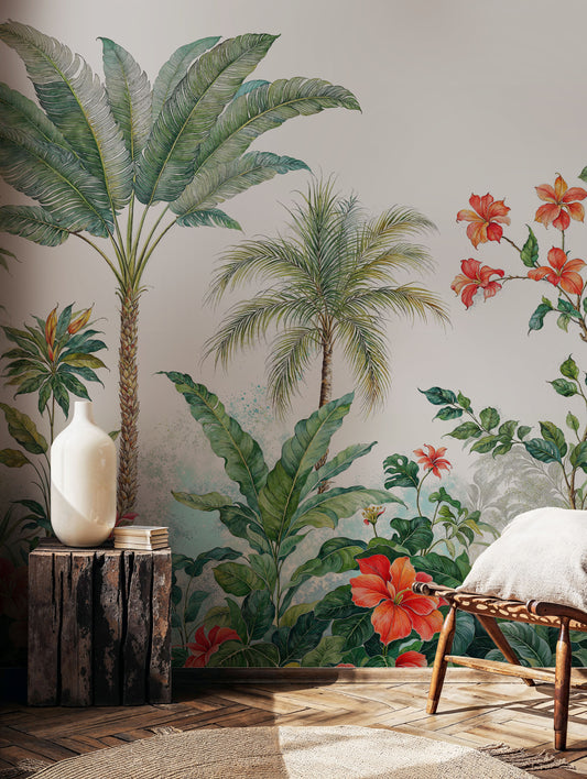 Tropical Palm Tree Mural – Light Botanical Jungle Wallpaper for Living Rooms - WMH448