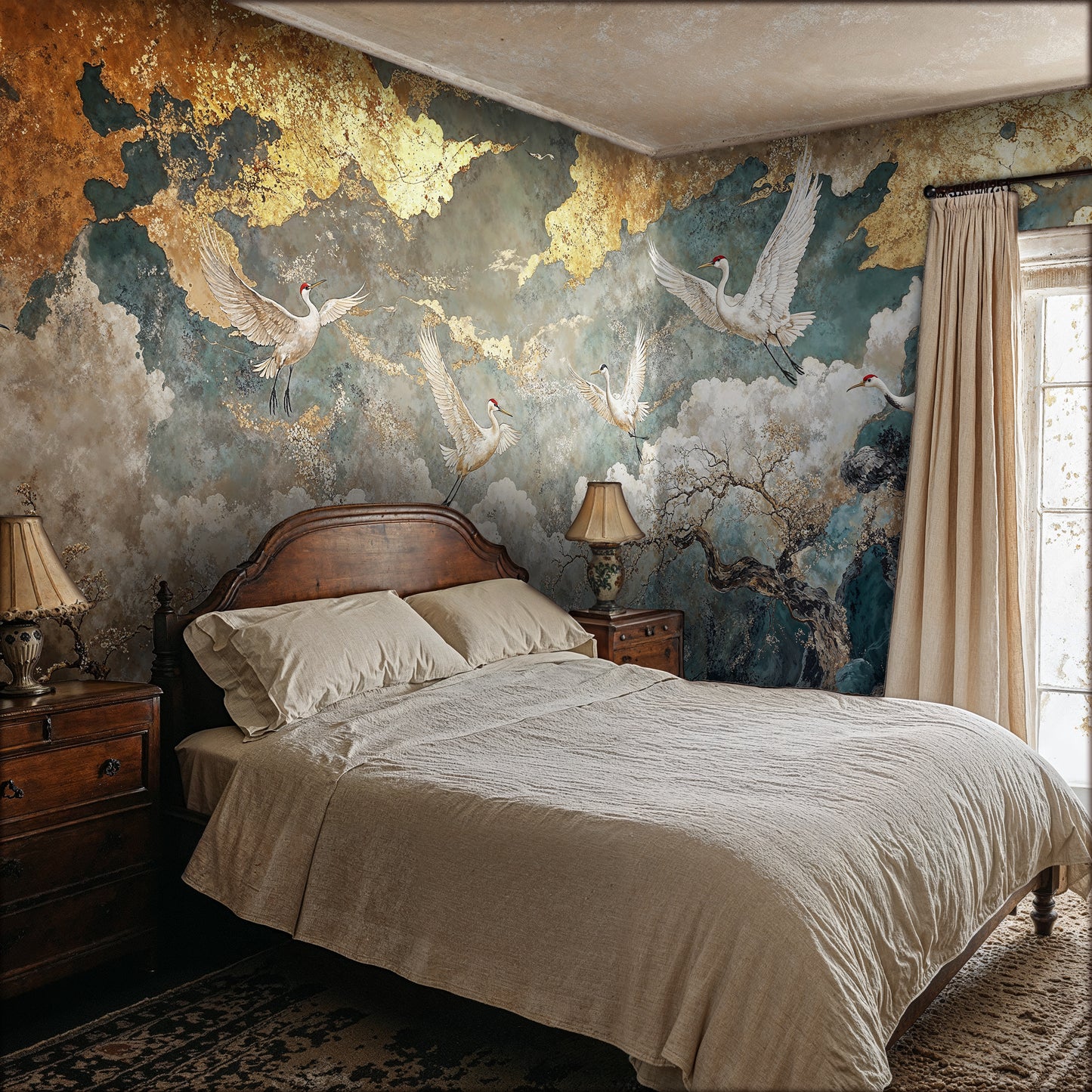 Elegant Crane and Cloud Wallpaper – Luxurious Oriental Mural with Gold Details - WMH449