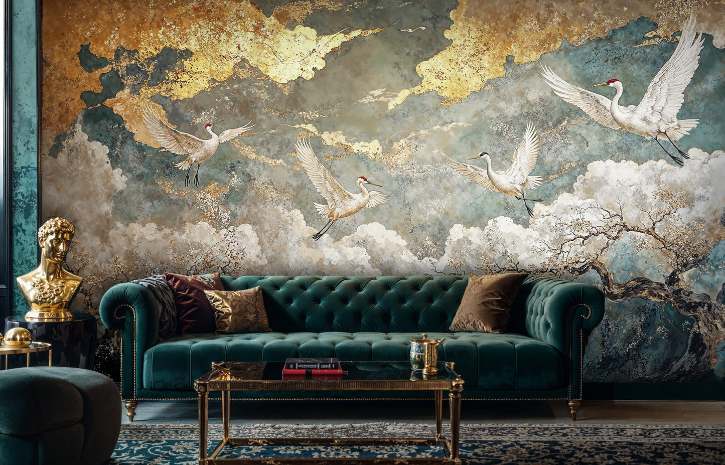Elegant Crane and Cloud Wallpaper – Luxurious Oriental Mural with Gold Details - WMH449