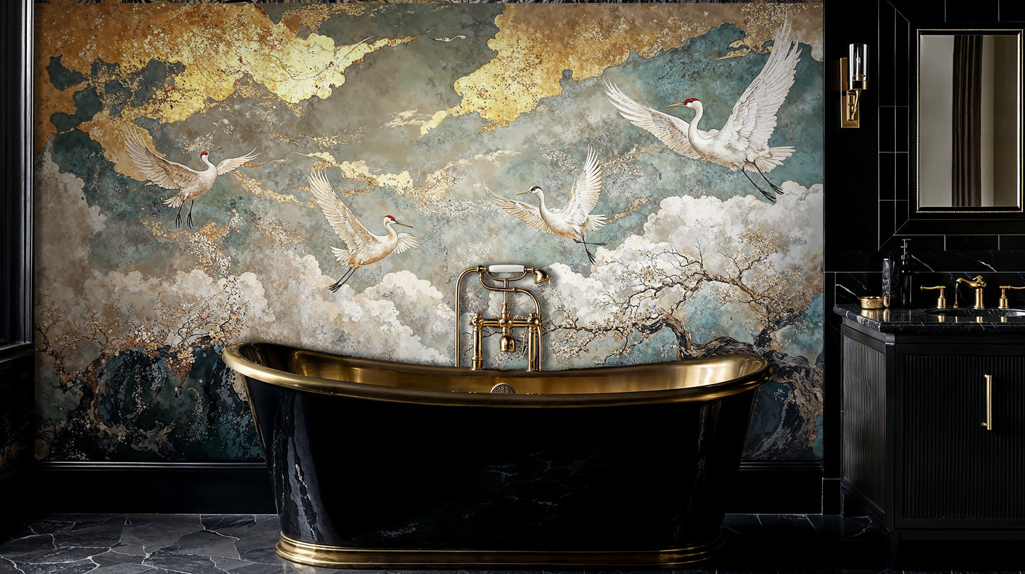 Elegant Crane and Cloud Wallpaper – Luxurious Oriental Mural with Gold Details - WMH449
