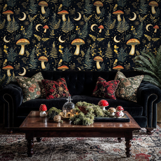Mushroom and Moon Forest Wallpaper – Magical Nighttime Botanical Design - WMH446