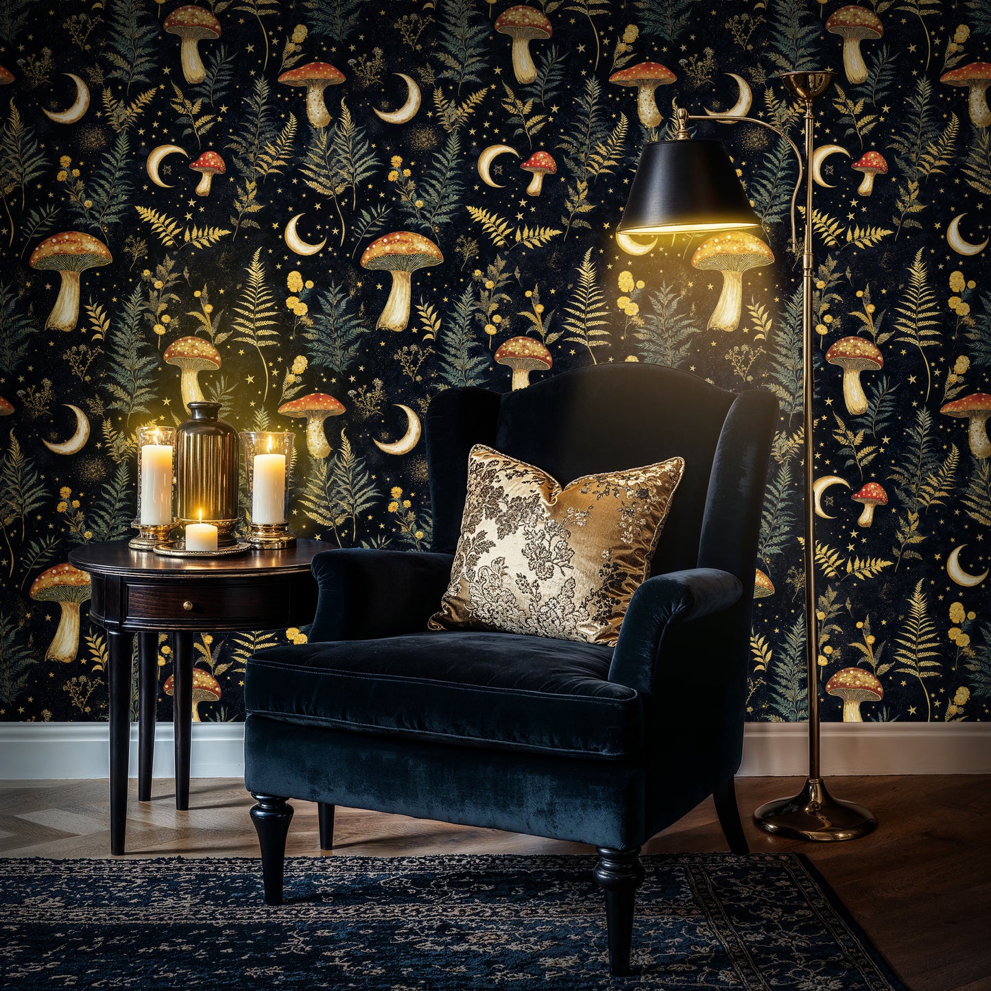 Mushroom and Moon Forest Wallpaper – Magical Nighttime Botanical Design - WMH446