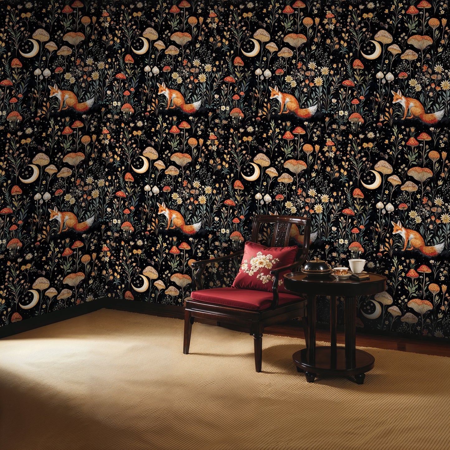 Mystical Fox and Mushroom Wallpaper - Dark Forest Enchanted Night Mural - WMH458