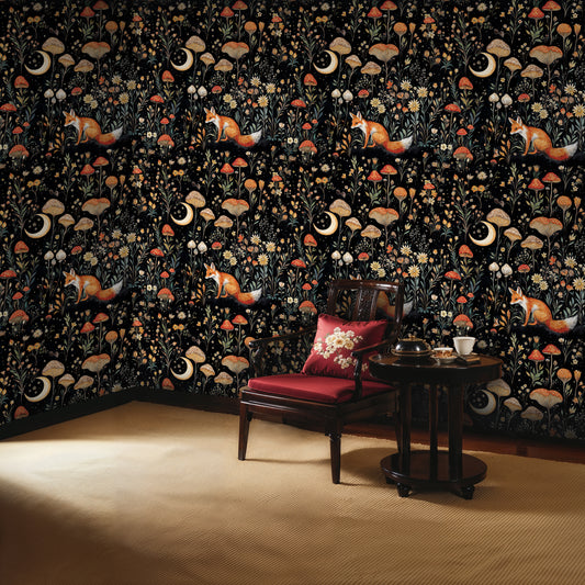 Mystical Fox and Mushroom Wallpaper - Dark Forest Enchanted Night Mural - WMH458